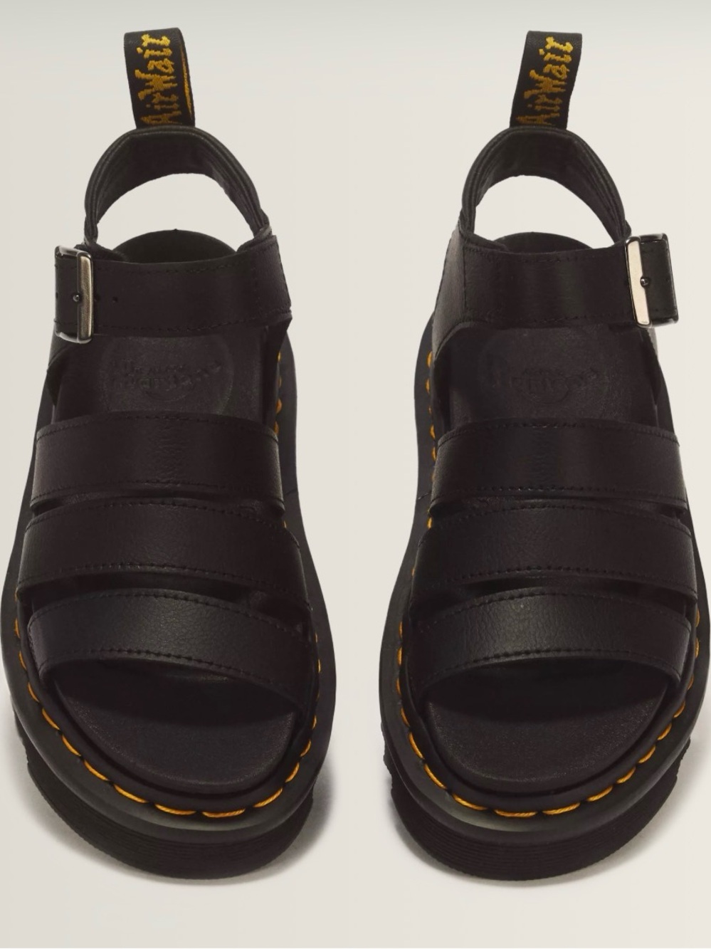 Dr. Martens Black Leather Fisherman-Style Sandals with Yellow Stitching